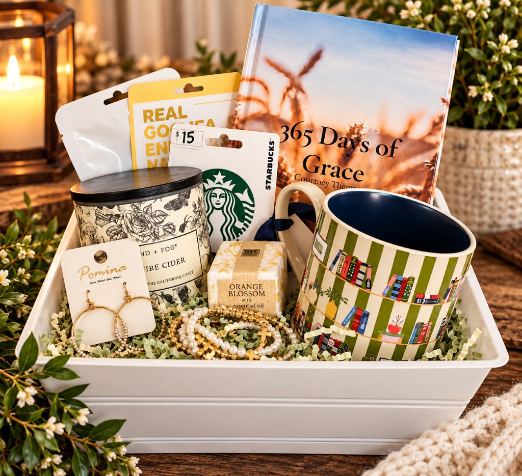White gift tray holding an autographed copy of 365 Days of Grace, a striped mug, a candle, hoop earrings, and a bracelet