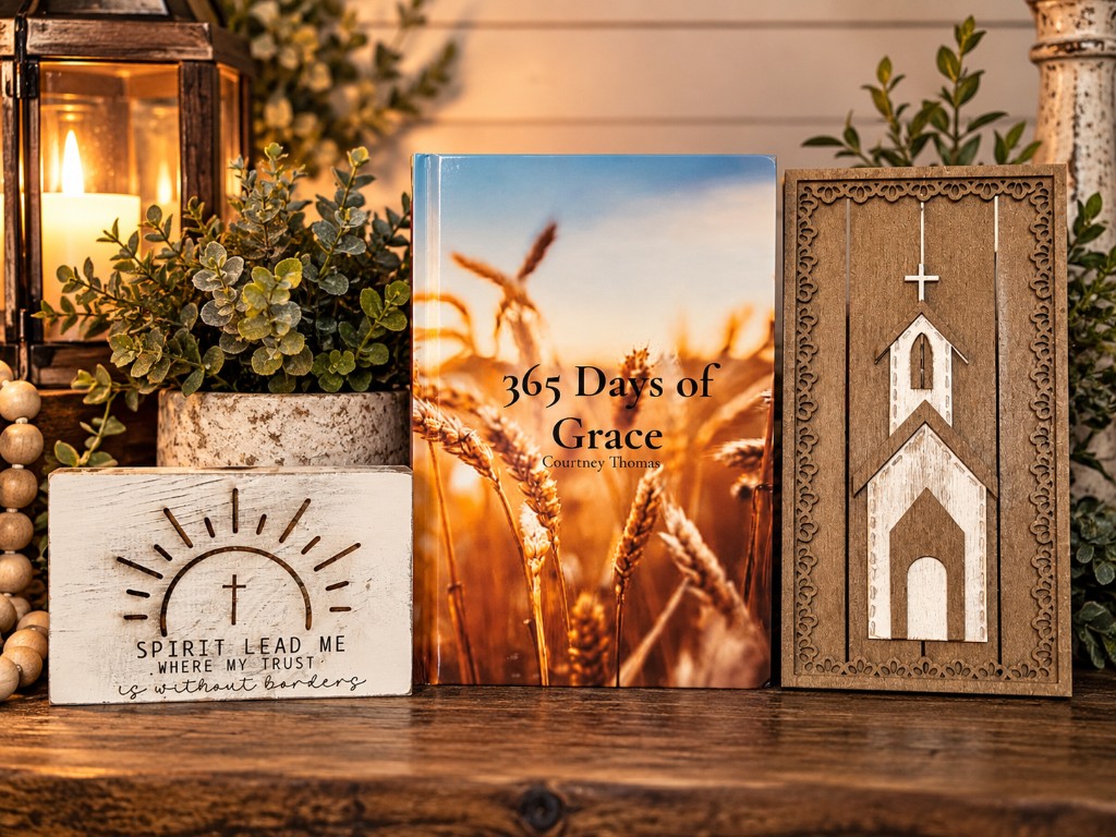 Autographed 365 Days of Grace beside a Spirit Lead Me block and a handmade wooden church