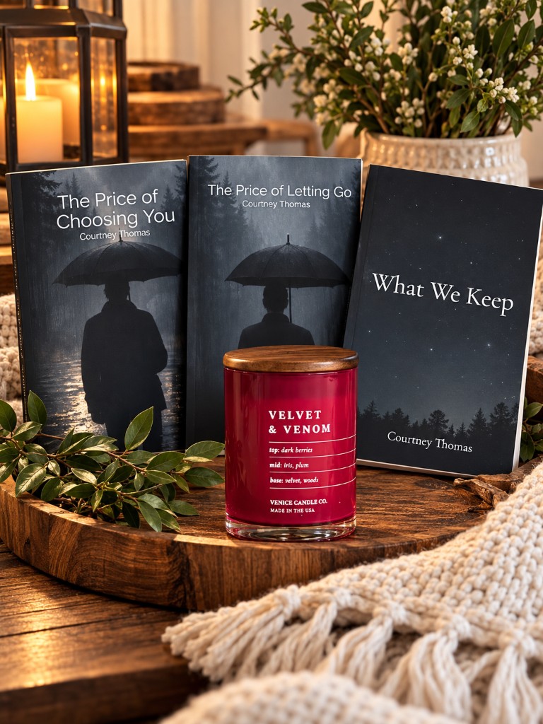 Three autographed Courtney Thomas books beside a red candle