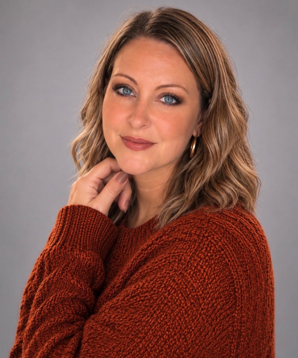 Courtney Thomas, smiling, in a rust knit sweater against a grey studio backdrop