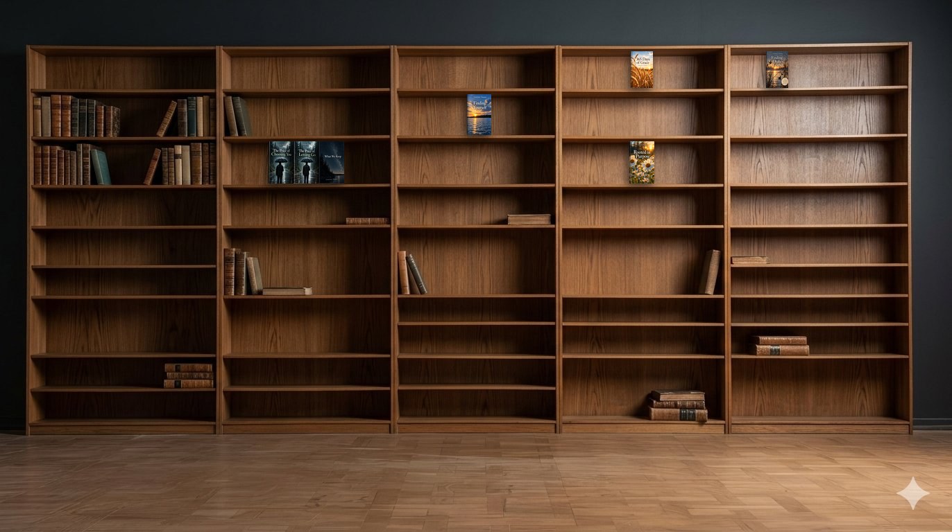 A tall wooden bookcase with Courtney Thomas’s seven books standing among the shelves